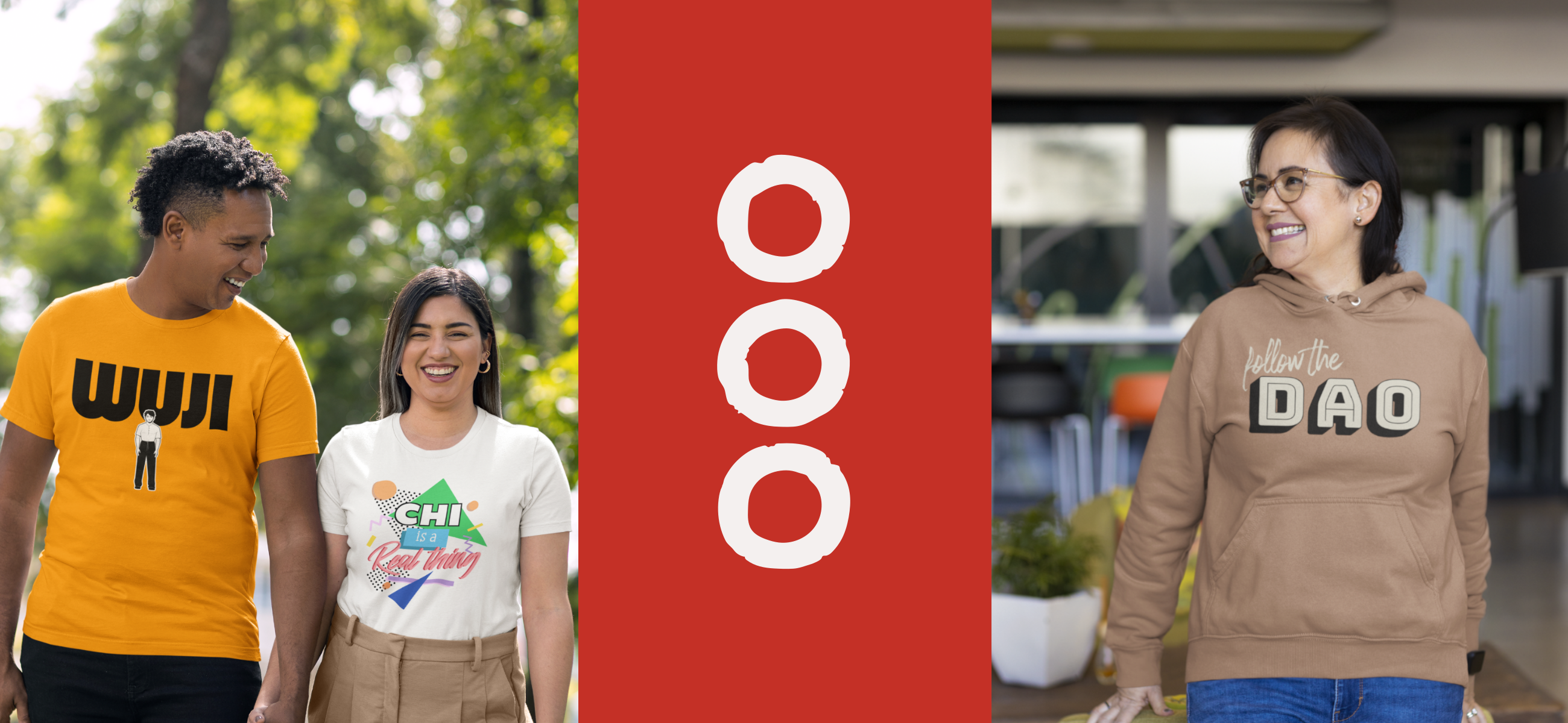 a smiling couple wearing wuji and chi t shirts across from a happy lady wearing follow the dao hoodie