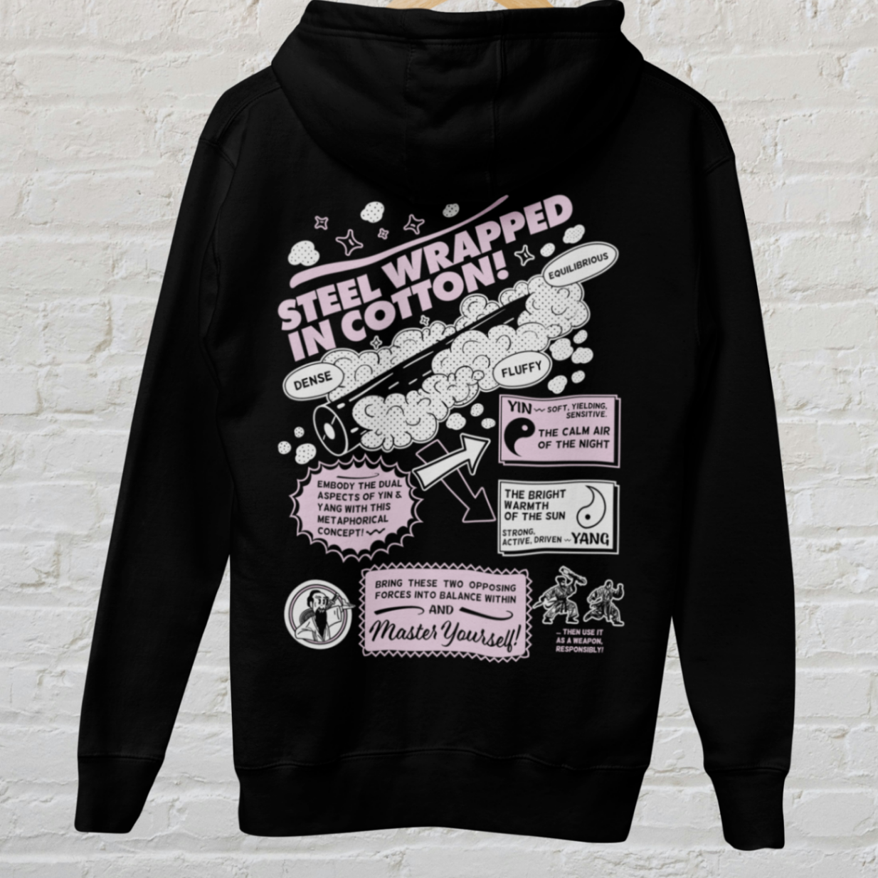 back view of a black zip up hoodie with steel wrapped in cotton design in white and pink text on a hanger