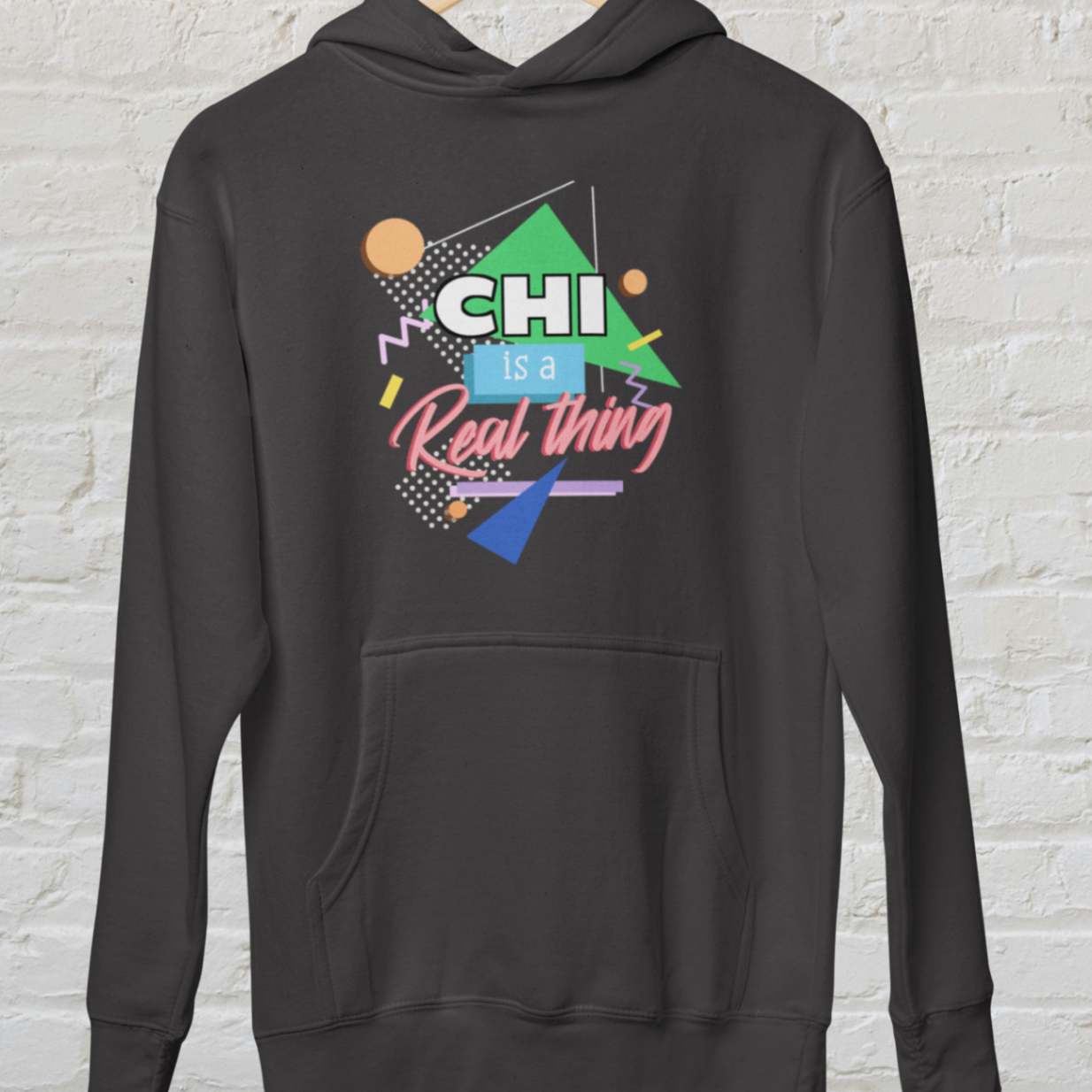 Hoodie black 'chi is a real thing' design white brick backround