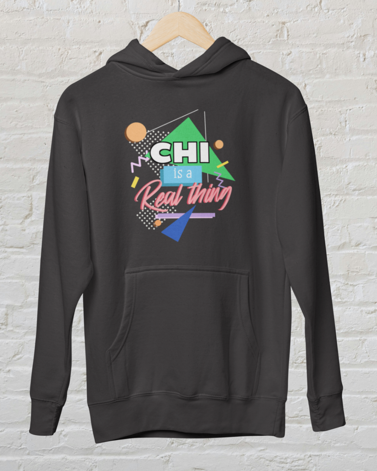 Hoodie black 'chi is a real thing' design white brick backround