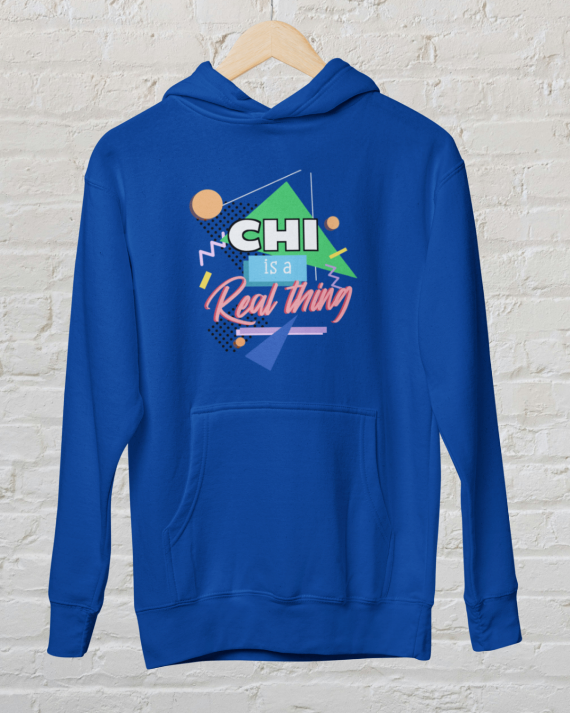 Hoodie royal blue 'Chi is a real thing' design white brick backround