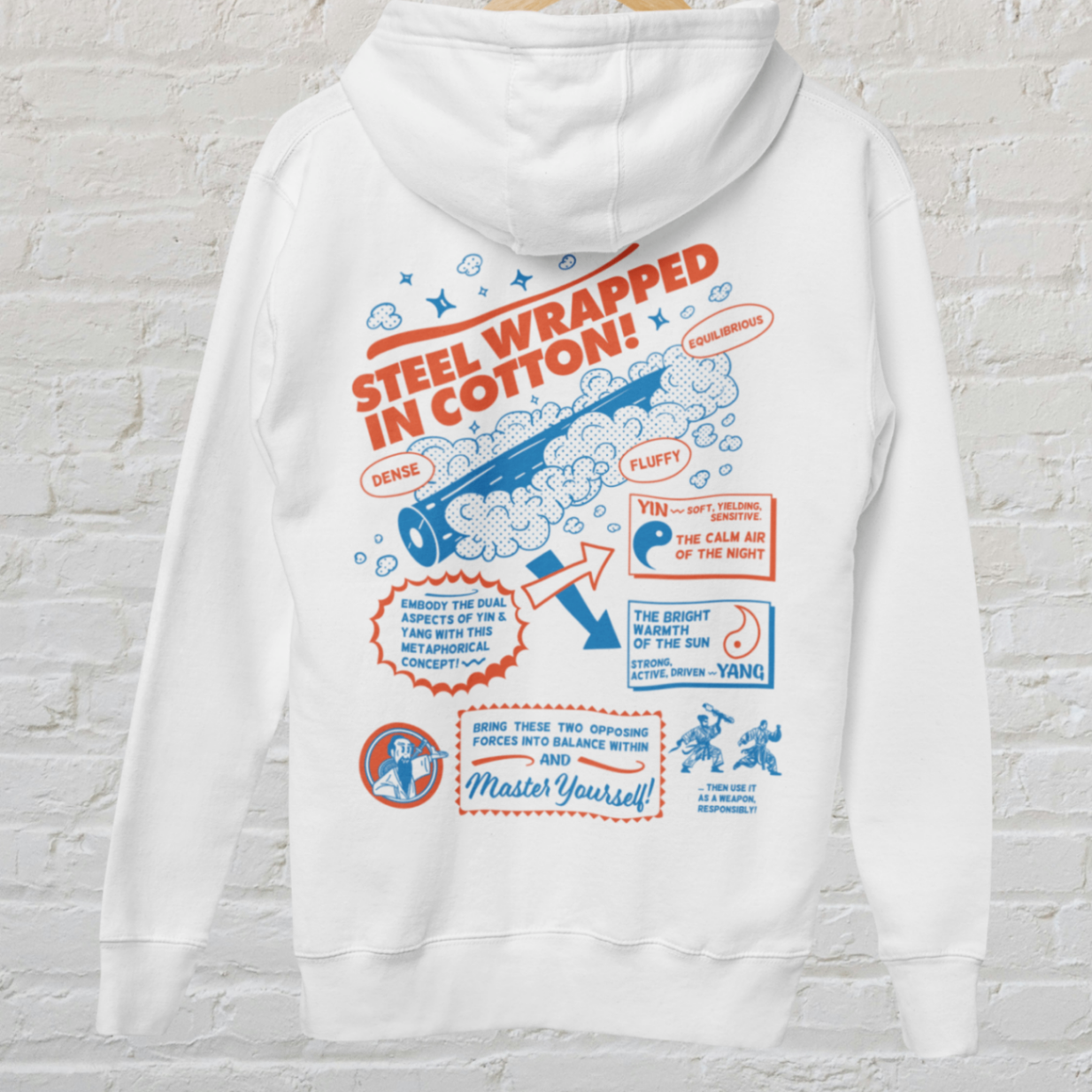 back view of a white zip up hoodie with steel wrapped in cotton design in red and blue text on a hanger