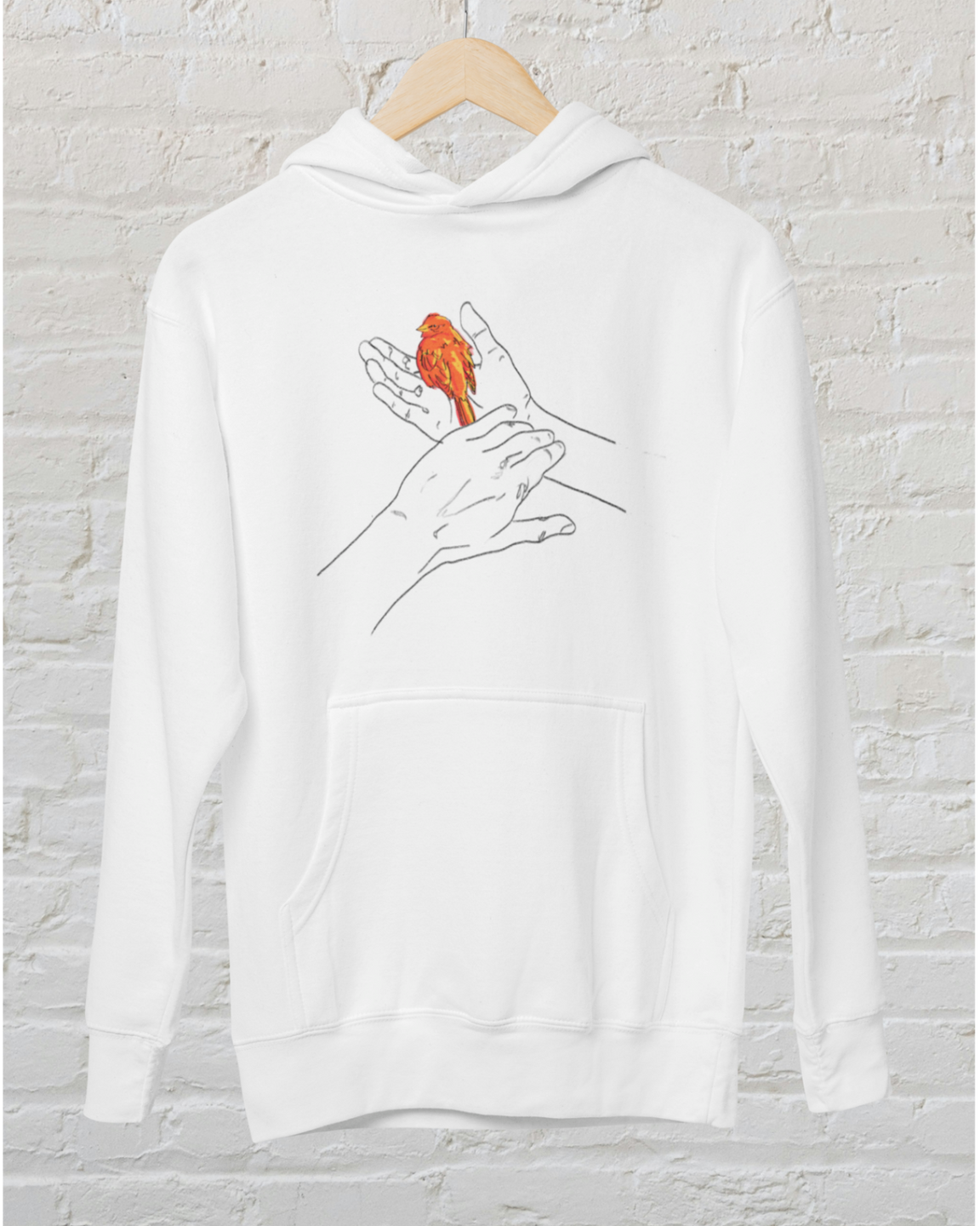 white hoodie with grasp sparrows tail design over white brick backround