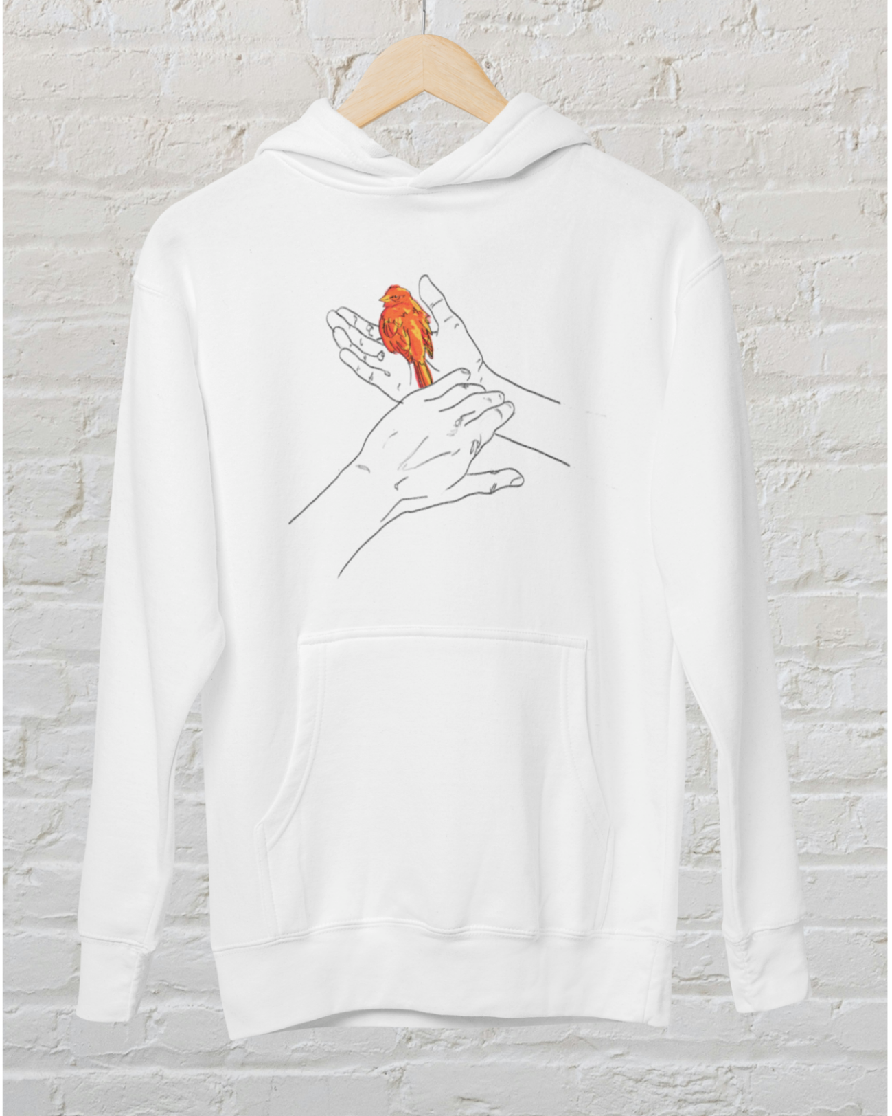 white hoodie with grasp sparrows tail design over white brick backround