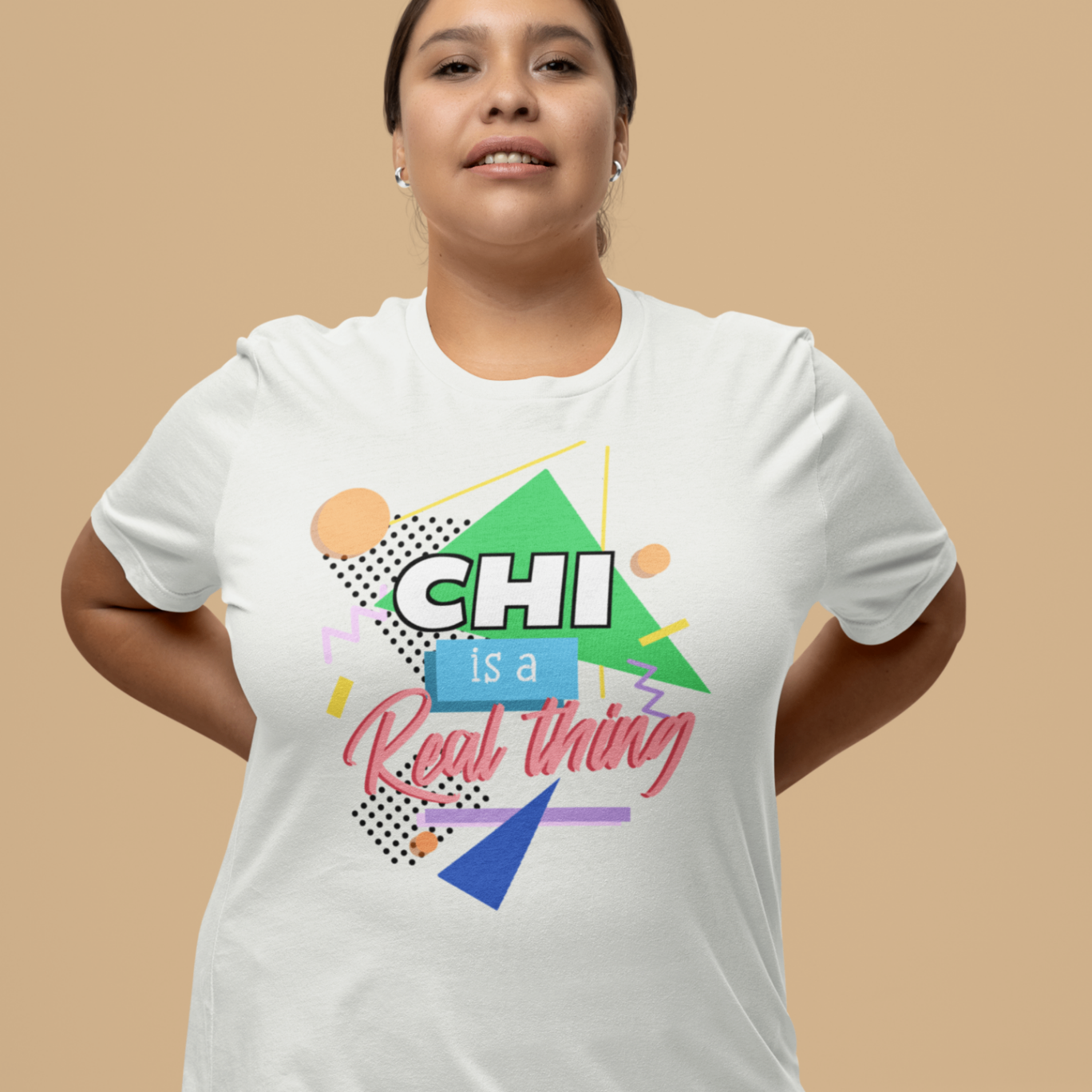 white t-shirt 'Chi is a real thing' design female model studio mockup