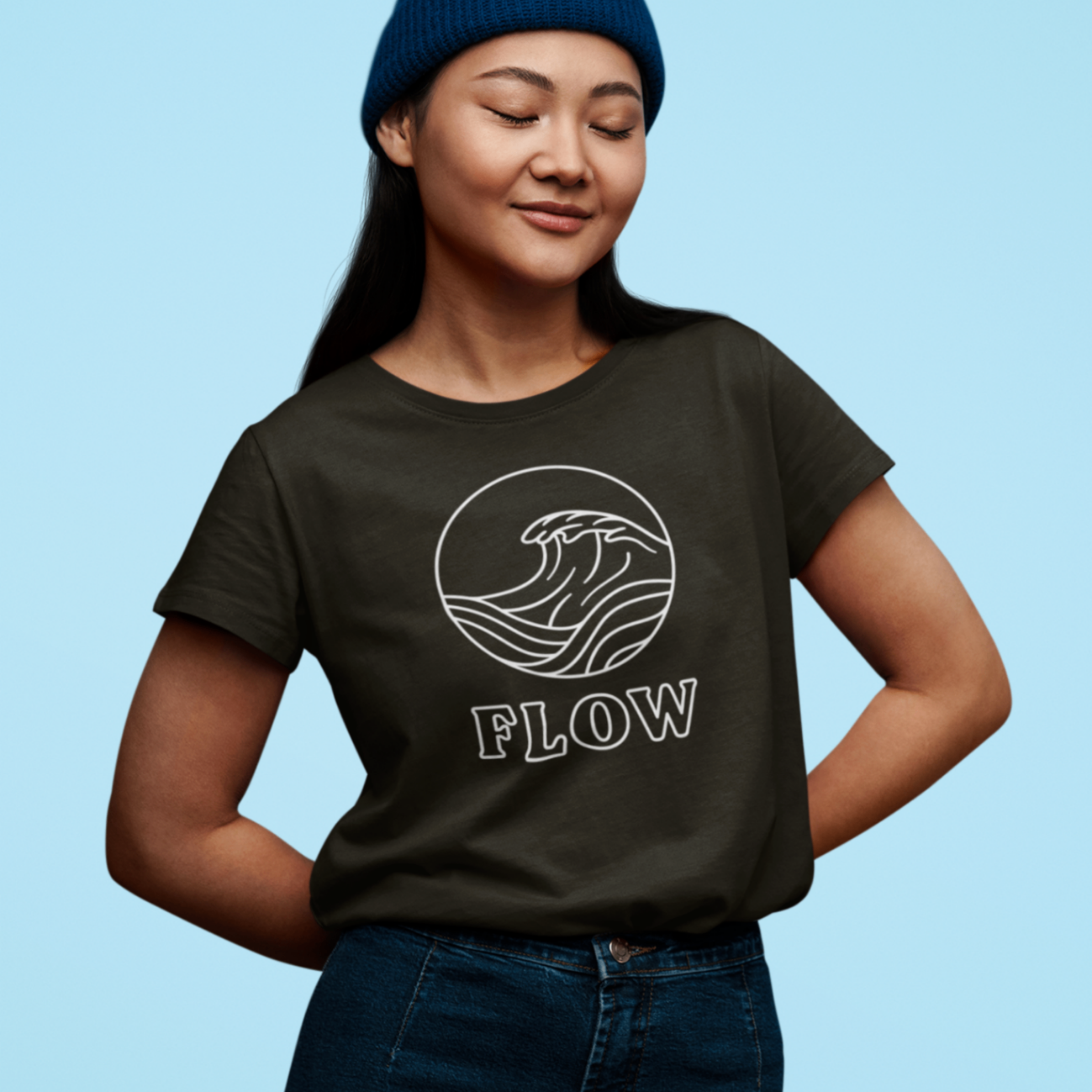 Black t-shirt 'Flow' design female model studio mockup