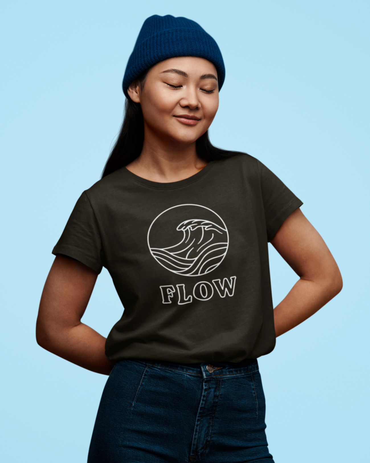 Black t-shirt 'Flow' design female model studio mockup