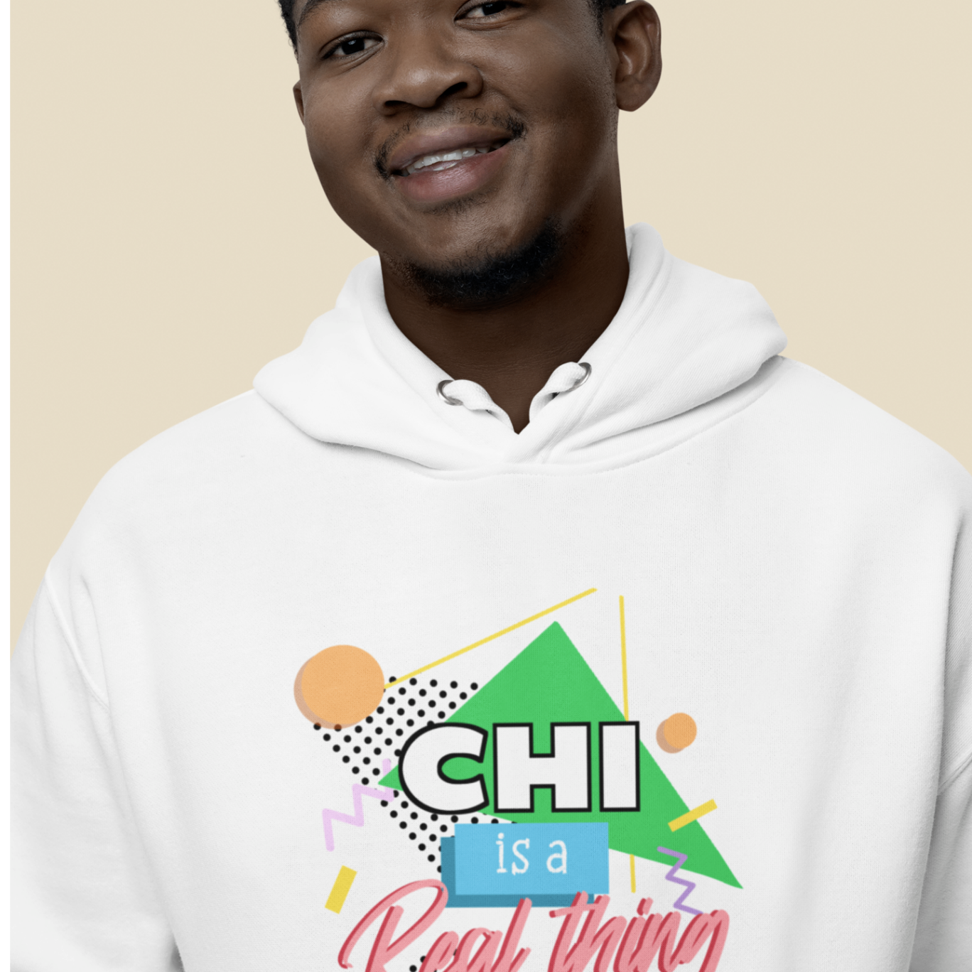 hoodie white 'chi is a real thing' design studio model mockup