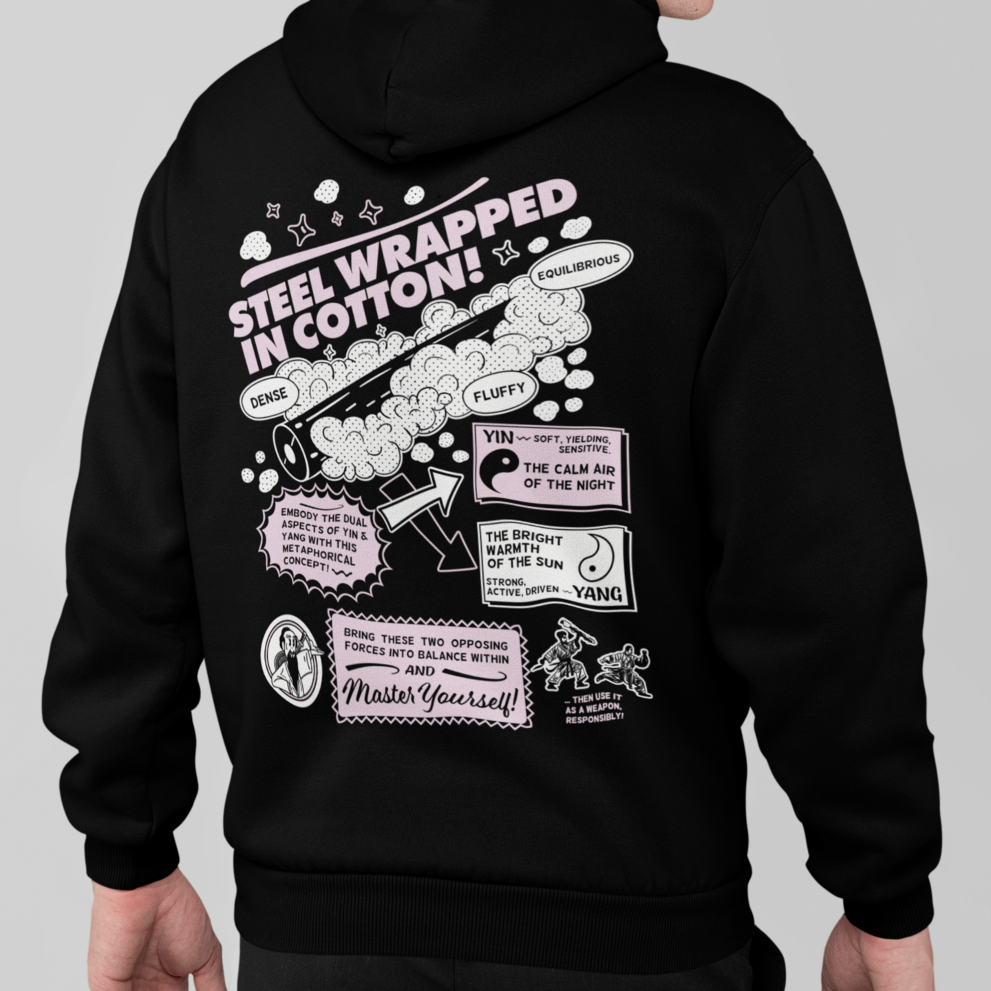 back view of a male model wearing a black zip up hoodie with steel wrapped in cotton design in white and pink text 