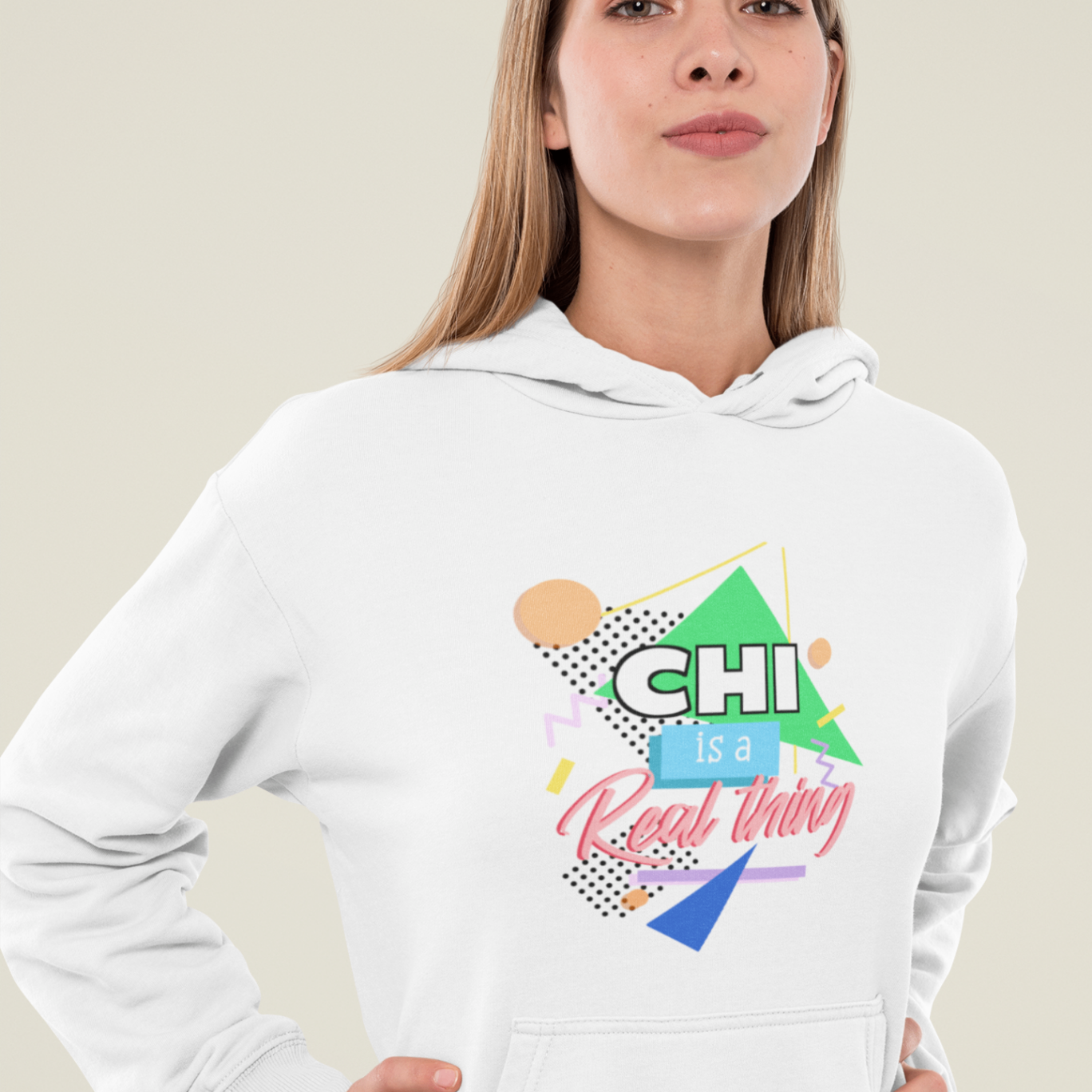  hoodie white 'chi is a real thing' design woman model studio mockup