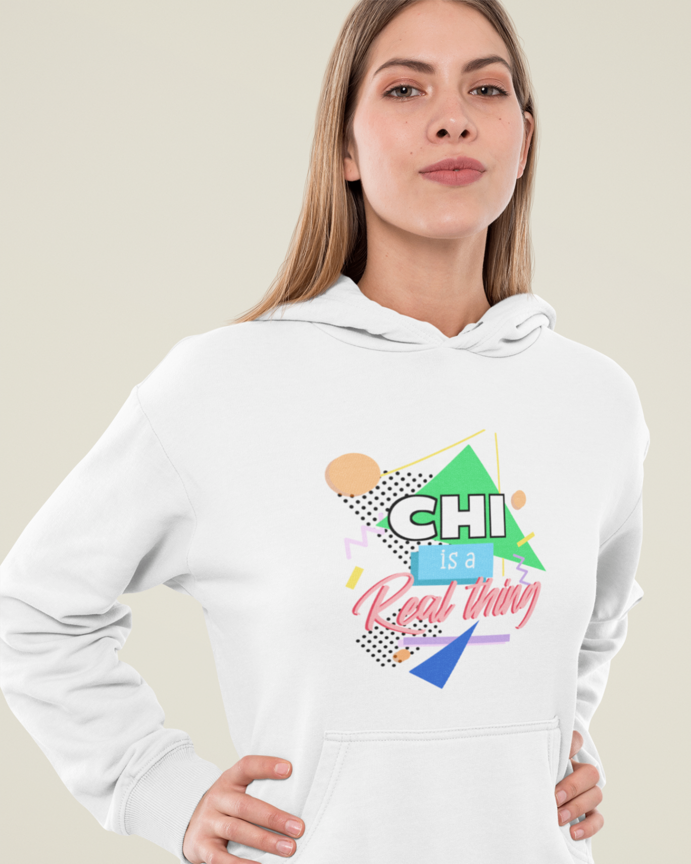  hoodie white 'chi is a real thing' design woman model studio mockup