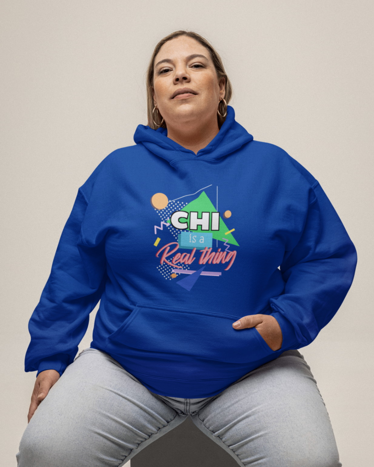 hoodie royal blue 'chi is a real thing' design woman model studio mockup