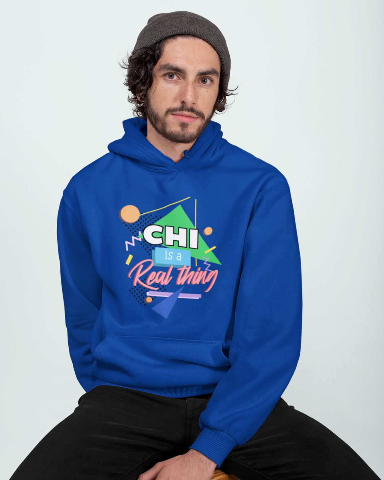 hoodie royal blue 'chi is a real thing' design studio model mockup