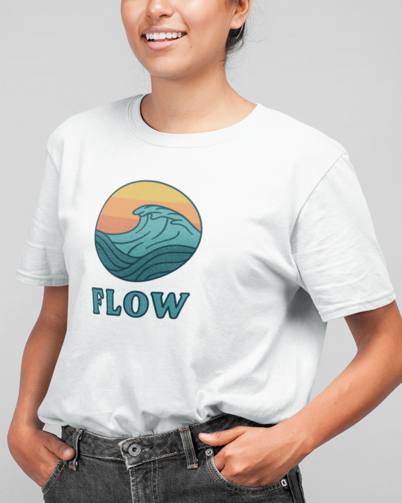 White t-shirt 'Flow' design female model studio mockup