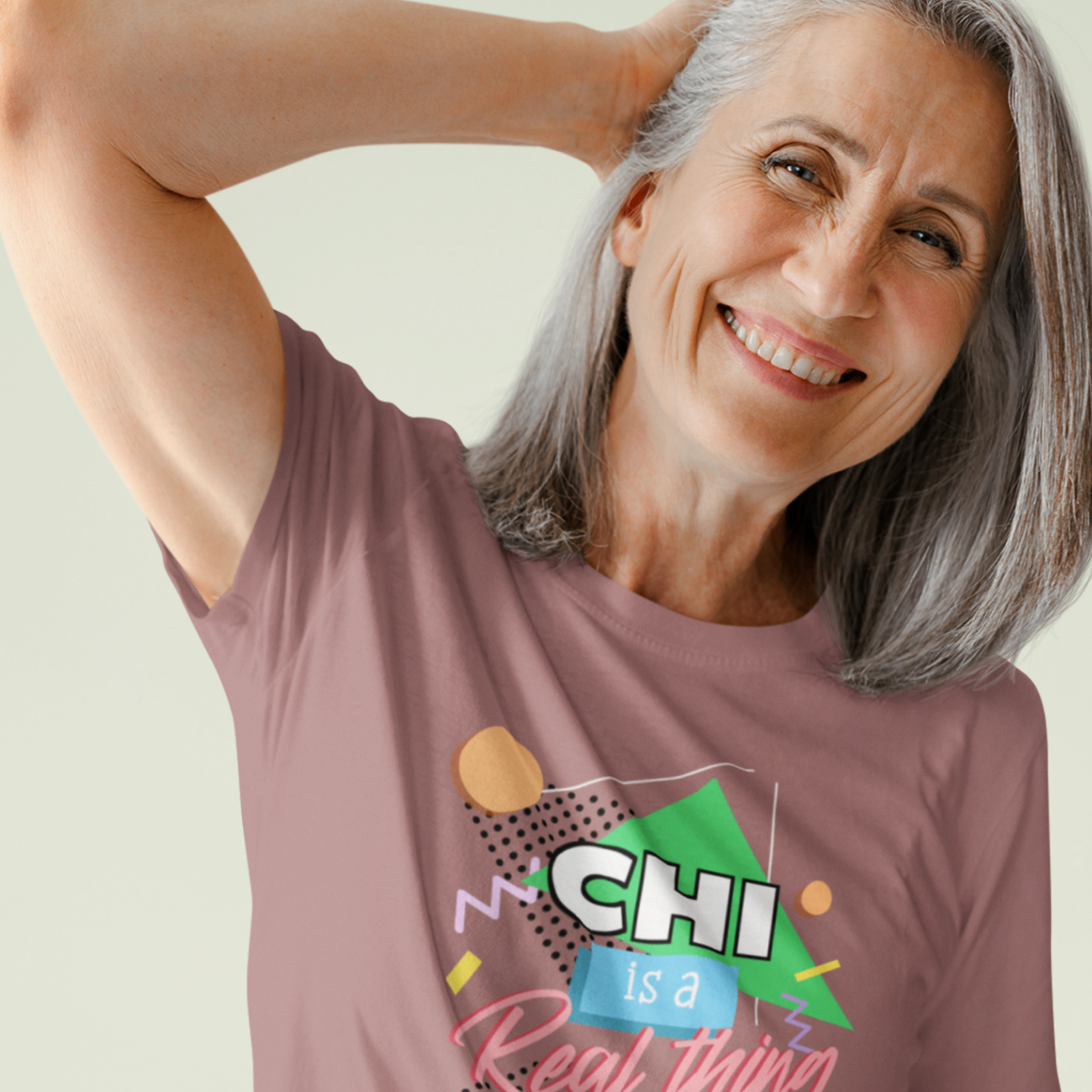 Mauve t-shirt 'Chi is a real thing' design female model studio mockup