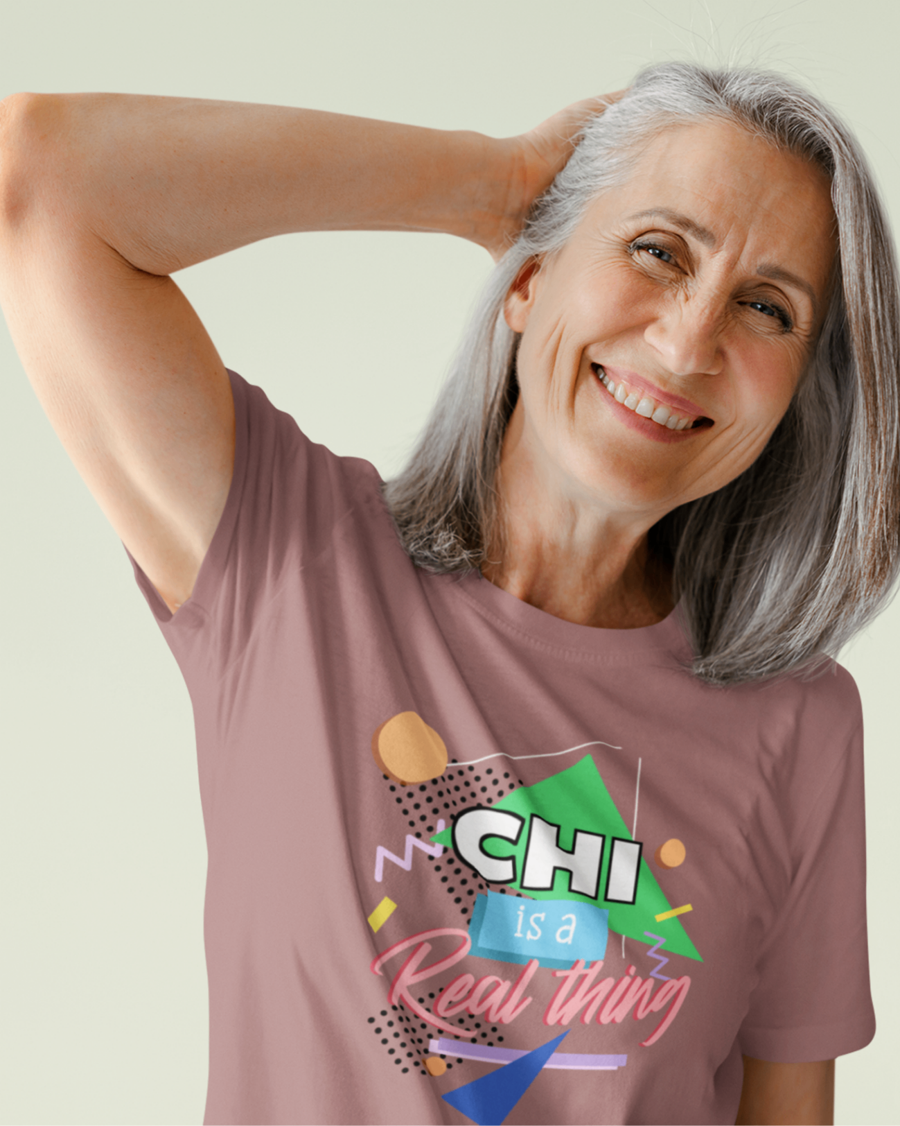 Mauve t-shirt 'Chi is a real thing' design female model studio mockup