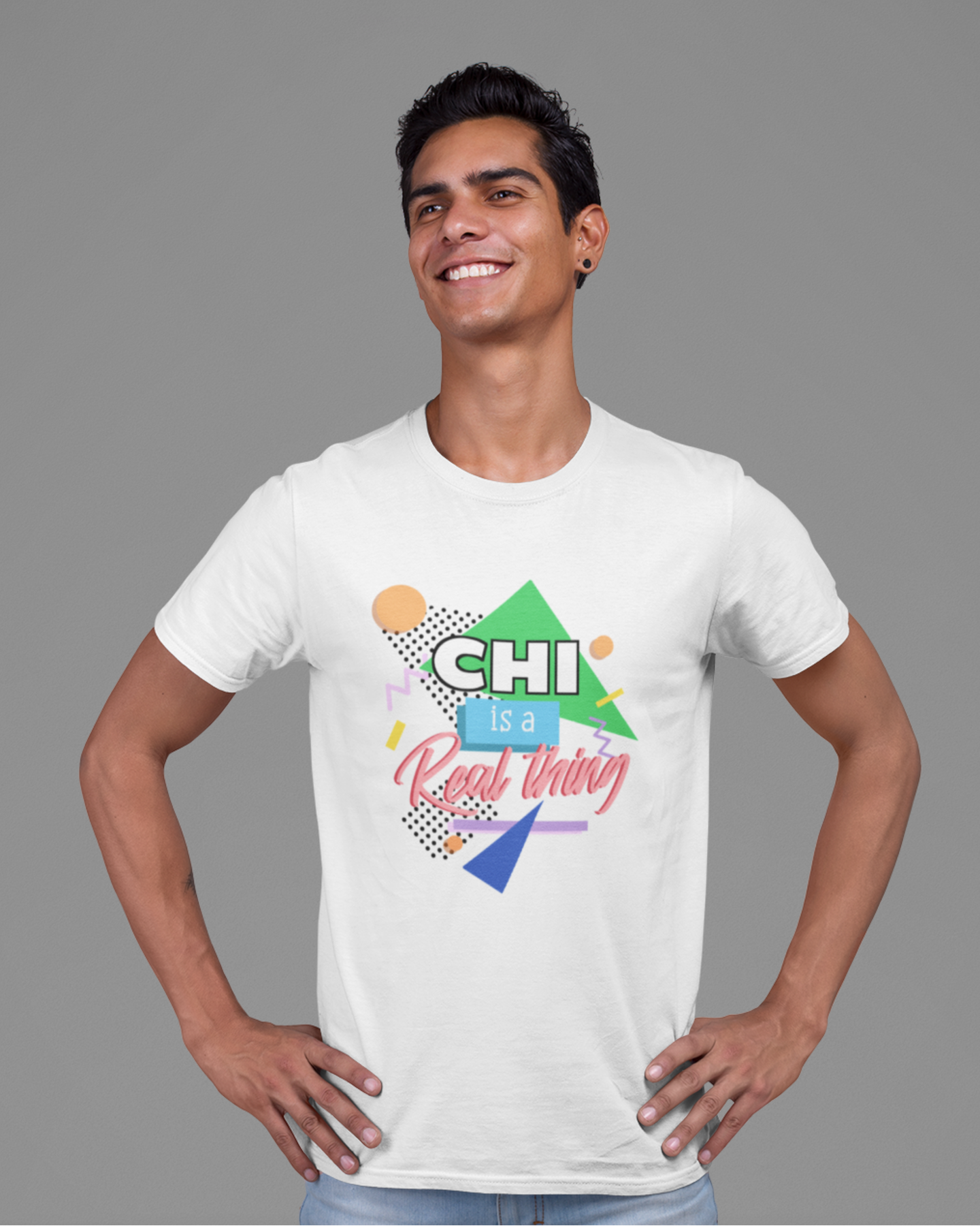 white t-shirt 'Chi is a real thing' design male model studio mockup